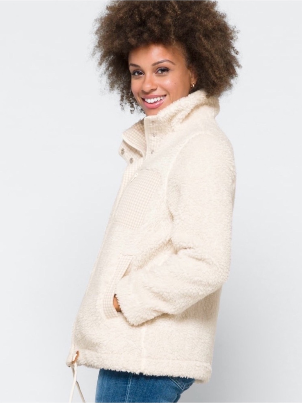 Madewell ReSourced Sherpa Zip Jacket Size S Cream Gingham Teddy Fleece Gorpcore